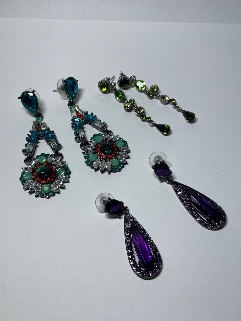 Multicolor Crystal Drop Earrings Trio - Teal, Green & Purple 3 pairs